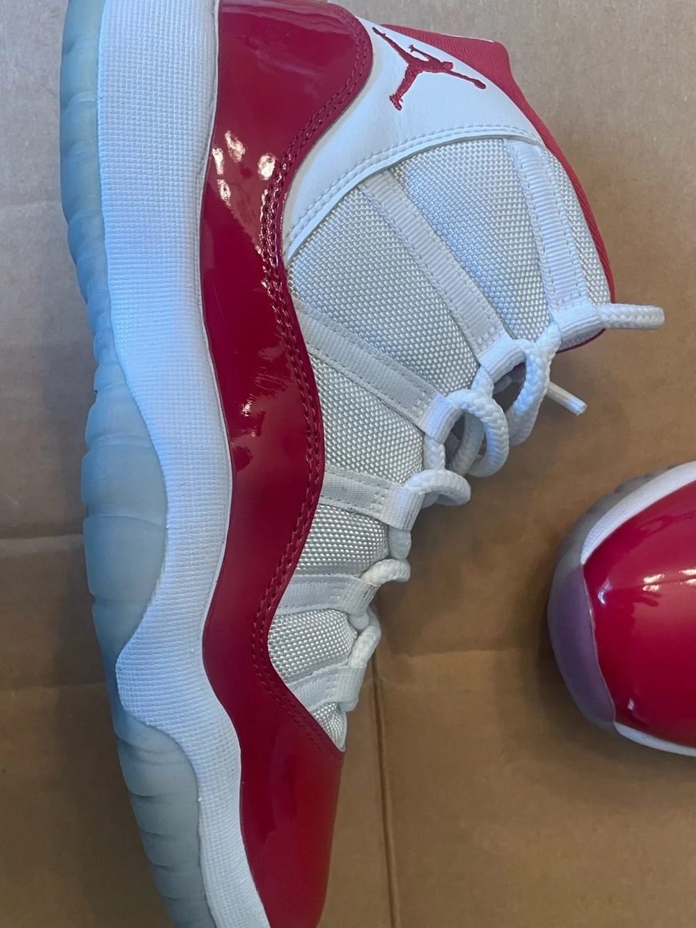 Jordan Kids White & Red Low-Top Sneakers with Glossy Patent Toe